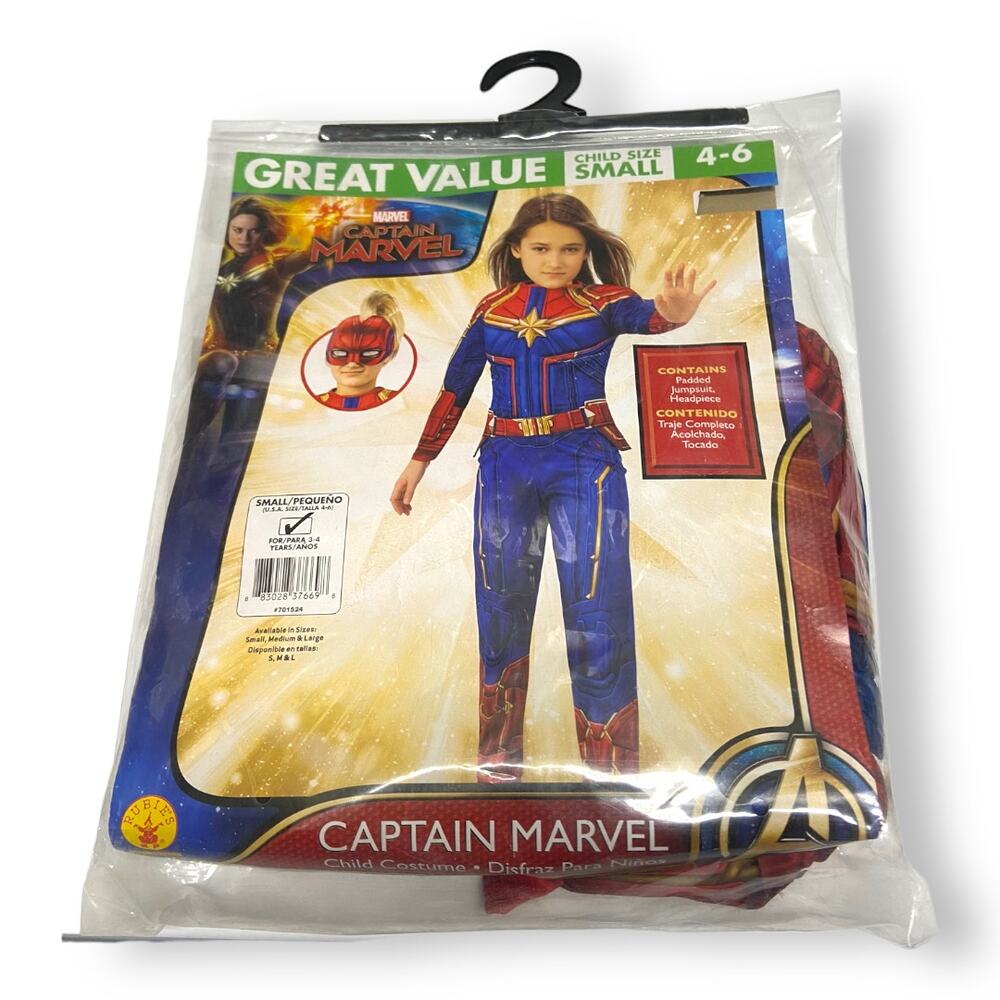 Captain Marvel Costume Girls Small 4-6 Rubies Padded Jumpsuit‎ Headpiece NIP